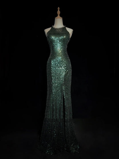 Robes de bal scintillantes Inspo Sirène Années 90 Col Bijou Vert Foncé Avec Fente Pour Femme Robe Formelle N3271
