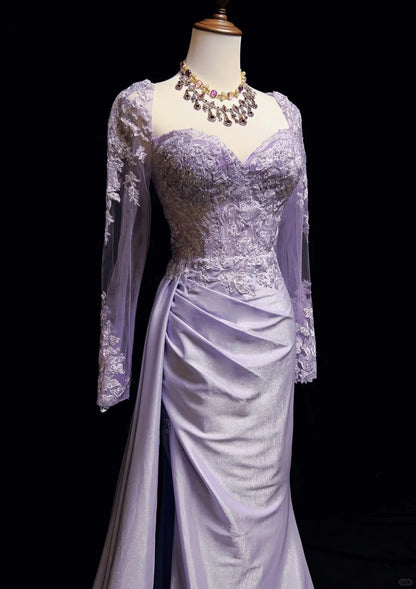 Vintage Prom Dresses 1960er Meerjungfrau Herz-Ausschnitt Flieder Mit Schlitz Langärmeliges Ballkleid N3100