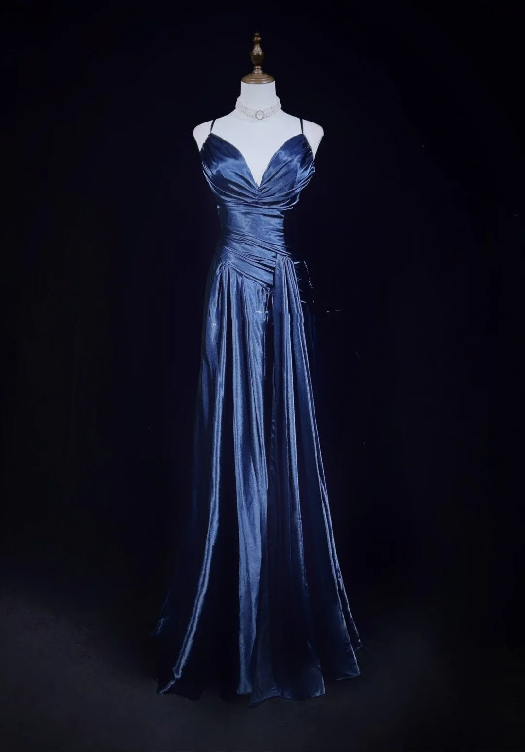 Vintage Prom Dresses A-Linie Spaghetti-Träger Navy Blue Satin 1990er Formelles Abendkleid N2661