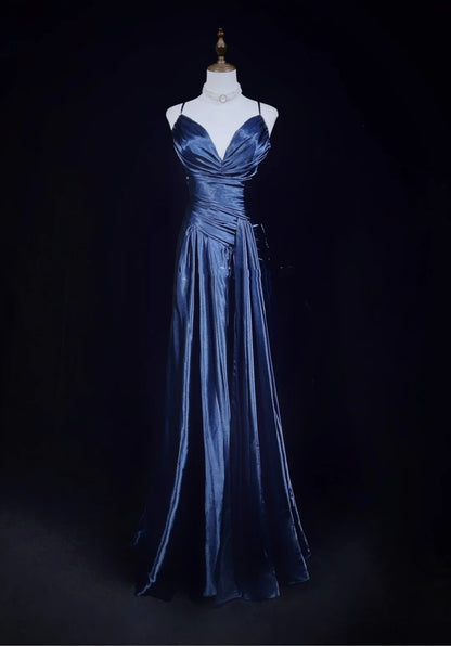Vintage Prom Dresses A-Linie Spaghetti-Träger Navy Blue Satin 1990er Formelles Abendkleid N2661