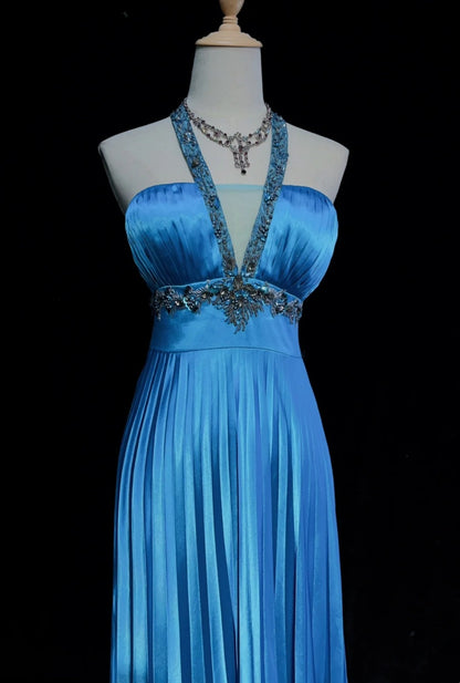 Vintage Prom Dresses A line Halter Blue Satin With Beads Mid Length 80s Formal Gown N2581