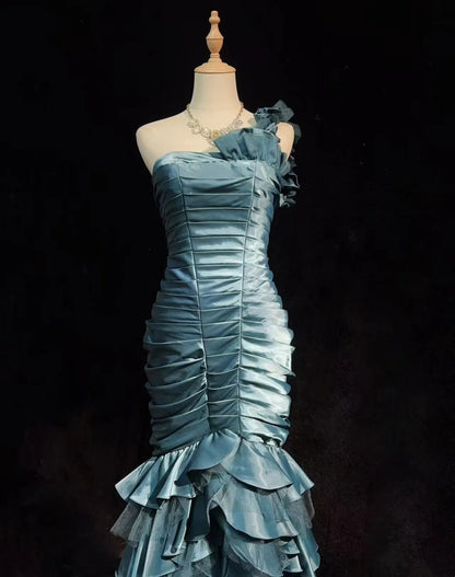 Robe de soirée longue sirène vintage, asymétrique, en satin bleu poudré avec plis, sans manches, pour anniversaire ou bal de promo N2442