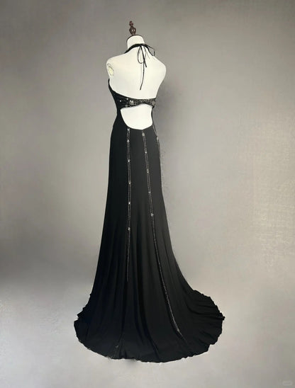 Vintage Ballkleider Meerjungfrau Neckholder Kleines Schwarzes Kleid mit Rüschen Lange Abendgarderobe N3446