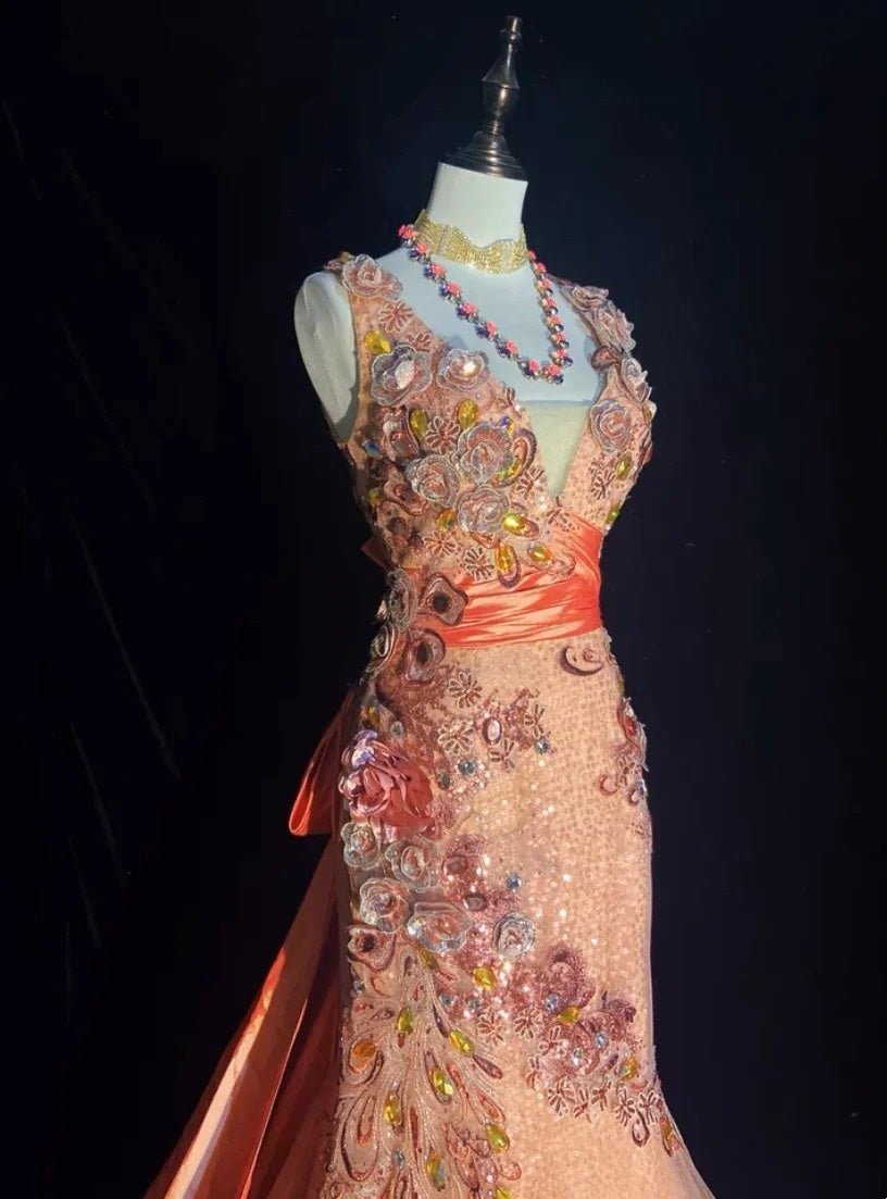 Vintage-Meerjungfrauen-Abschlussballkleider, Spaghettiträger, hellrosa, Pailletten und Spitze mit Blumen, lange Abendoutfits N3441