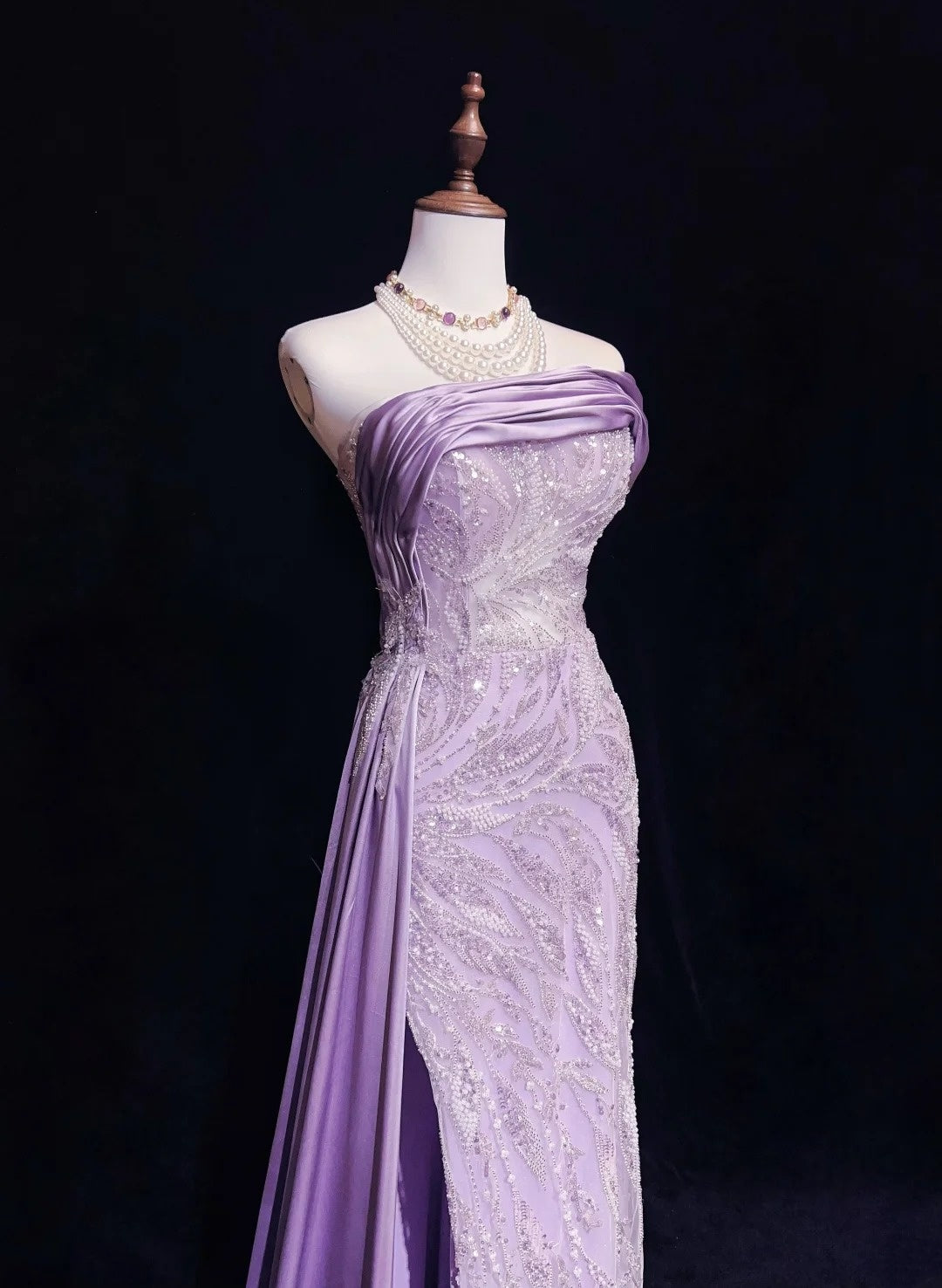 Robe de bal vintage Inspo sirène bustier lilas sequinée avec perles fendues années 80 longue robe de soirée N2742