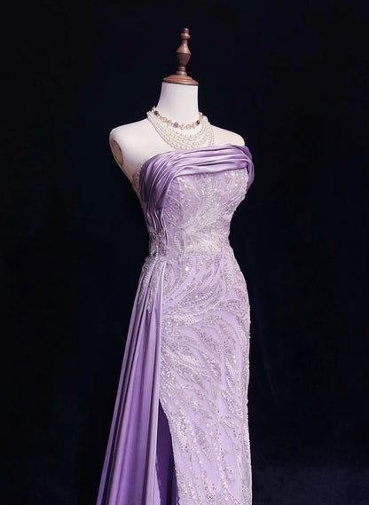 Robe de bal vintage Inspo sirène bustier lilas sequinée avec perles fendues années 80 longue robe de soirée N2742