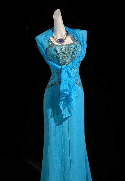 Vintage Ballkleider Meerjungfrau Neckholder Blau Chiffon 80er mit Perlenstickerei Lange Formelle Abendgarderobe N4201