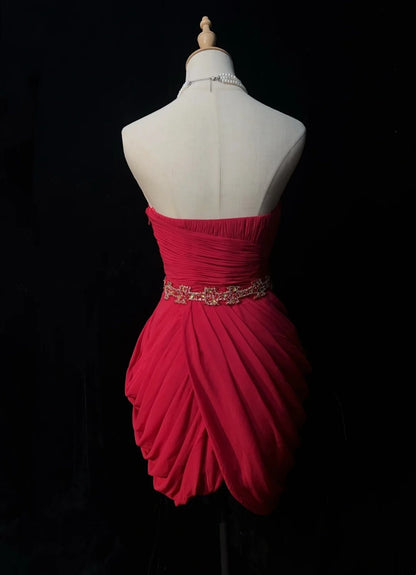 Süßes Etui-Kleid, herzförmiger Ausschnitt, Rot, Chiffon, kurz, Mini, 18. Geburtstagskleid, Heimkehrkleider N3681