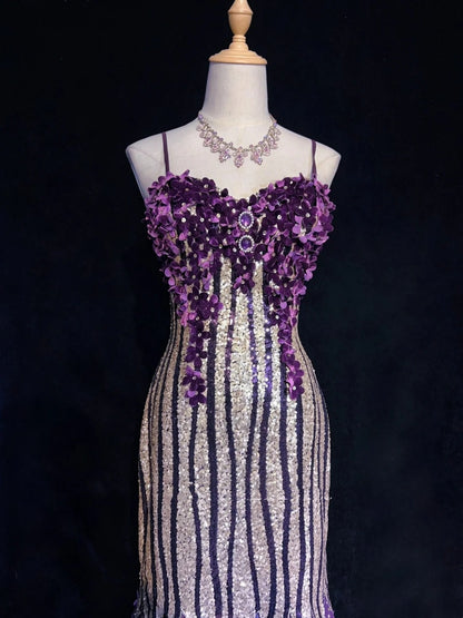 Glitzer-Abschlussballkleider Meerjungfrau Spaghetti-Träger Lila Chiffon Mit Blumen Langes Formelles Abendkleid N3893