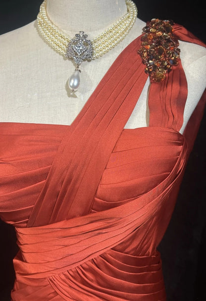 Vintage Prom Dresses Mermaid One Shoulder Dusty Orange Satin With Beading Long Formal Dress N2452