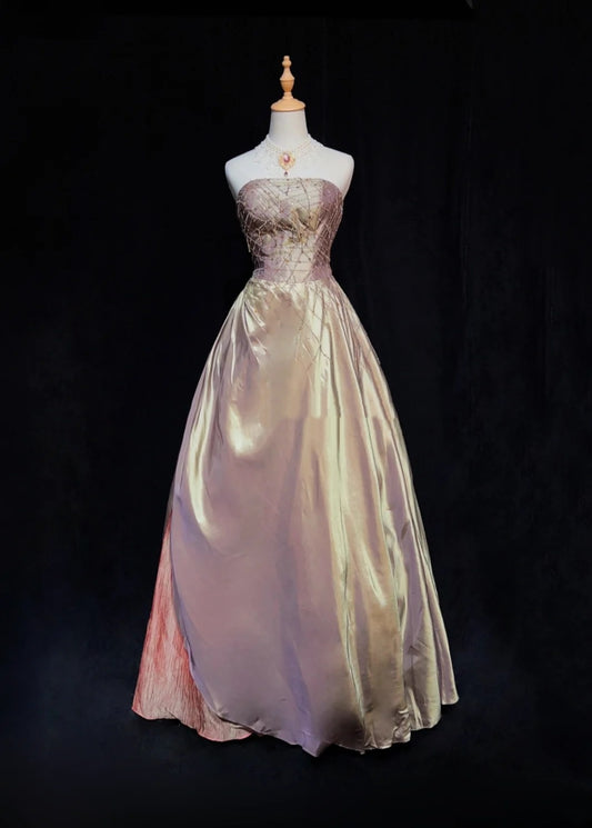 Vintage Prom Dresses Ballkleid Trägerlos Rouge-Rosa Satin 80er Jahre Mit Perlenstickerei Lange Formelle Abendgarderobe N3870