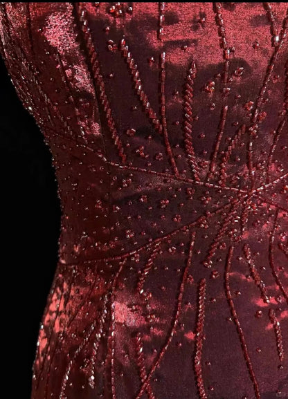 Vintage Prom-Kleider A-Linie Quadratisch Burgund mit Glitzer Perlen 80er Abendkleid Formell RB3278