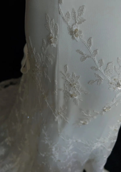 Vintage Brautkleider Inspo Meerjungfrau Spaghettiträger Weiß Lang 1980er Mit Spitze Brautkleider N3367