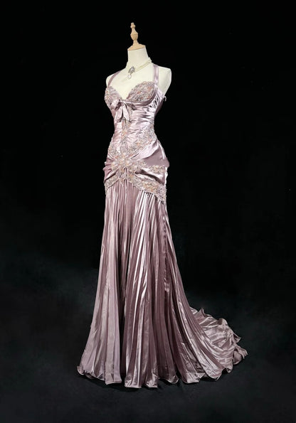 Vintage Abschlussballkleider 80er Meerjungfrau Neckholder Rosa Satin mit Rüschen Lange Abendoutfits N3452