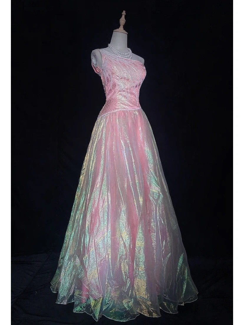 Vintage Prom Dresses Inspo Ball Gown One Shoulder Pink 1990s With Beading Formal Gowns N3323