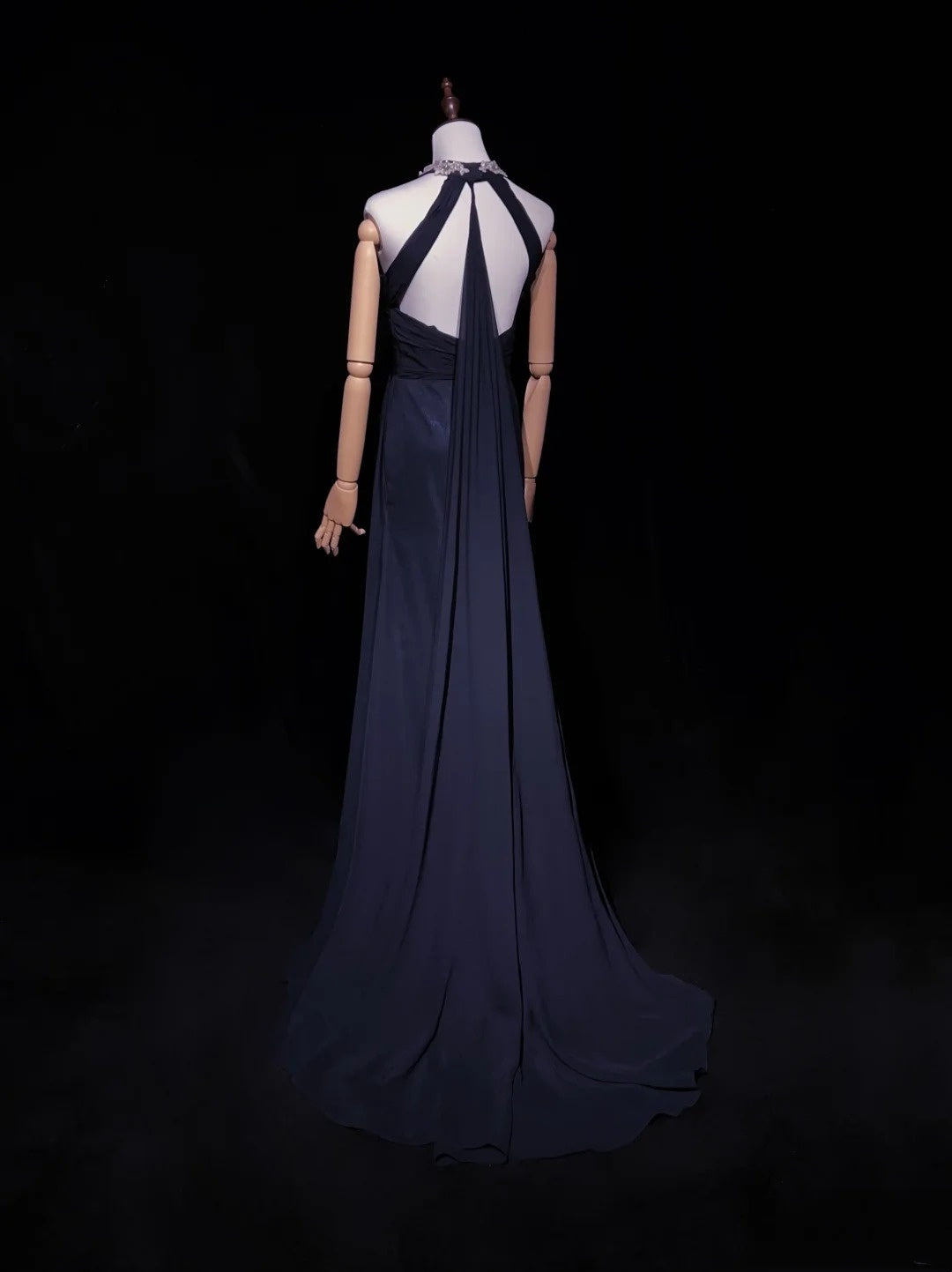 Vintage Prom Dresses A line Halter Navy Blue Chiffon With Beading 1970s Long Formal Gown N2615