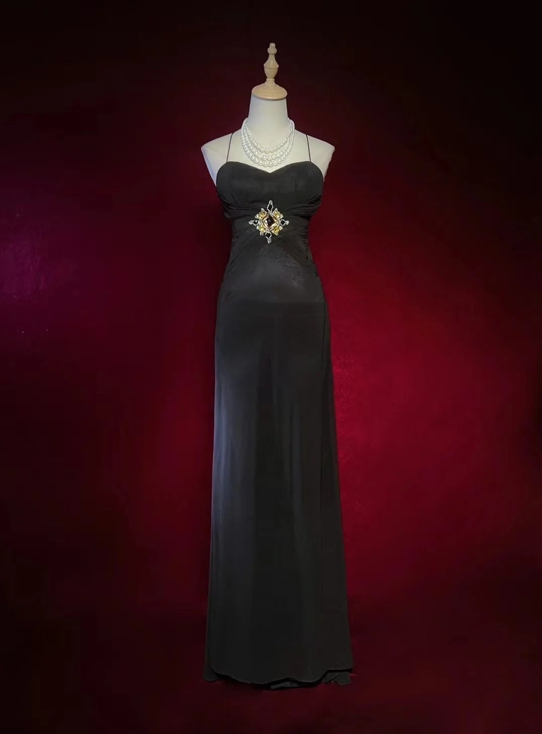 Robe de soirée vintage trapèze à fines bretelles avec perles, robe longue de bal des années 80 N2730
