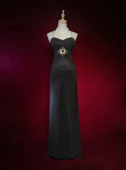 Robe de soirée vintage trapèze à fines bretelles avec perles, robe longue de bal des années 80 N2730