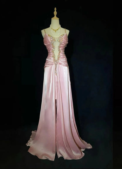 Vintage Abiballkleider 80er Meerjungfrau Spaghettiträger Rosa Satin Lange Formelle Abendkleider N3479