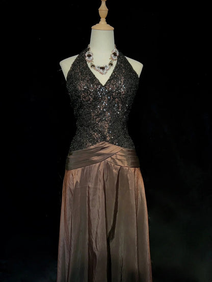 Beautiful Prom Dresses A Line Halter Brown Satin With Lace Bodice Long Evening Outfits N3372