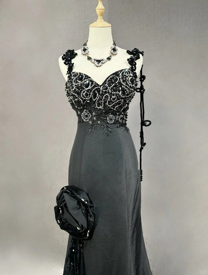 Vintage Abschlussballkleider Inspo Meerjungfrau Spaghettiträger Schwarz Lang 1990er Mit Perlenapplikationen Abendkleider N3378