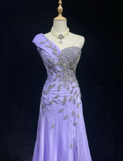 Elegant A Line One Shoulder Lilac Chiffon With Silver Beaded Bodice Formal Dress Long Prom Dresses N2725