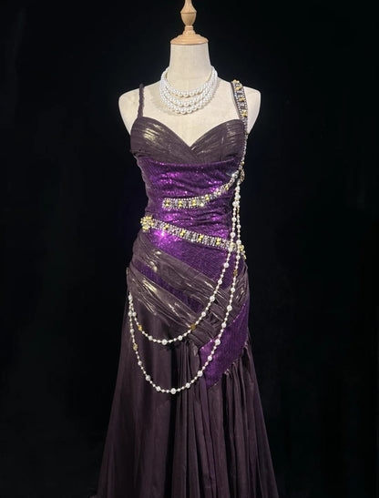 Vintage Prom Dresses 1960s Mermaid Spaghetti Strap Purple With Beaded Long Prom Gown N3117