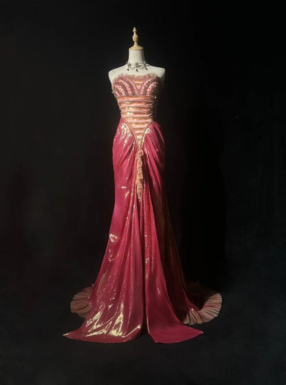 Glamouröses Ballkleid Meerjungfrau Sweetheart Rosa mit Perlen ärmelloses Abendkleid N2871