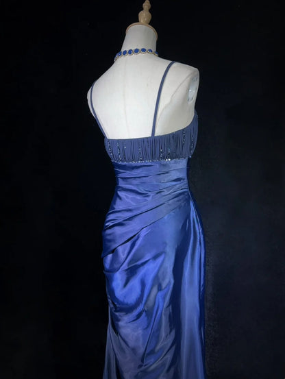 Elegante Ballkleider Meerjungfrau Spaghetti-Träger Marineblau Mit Umhang Ärmelloses Langes Abendkleid N2880
