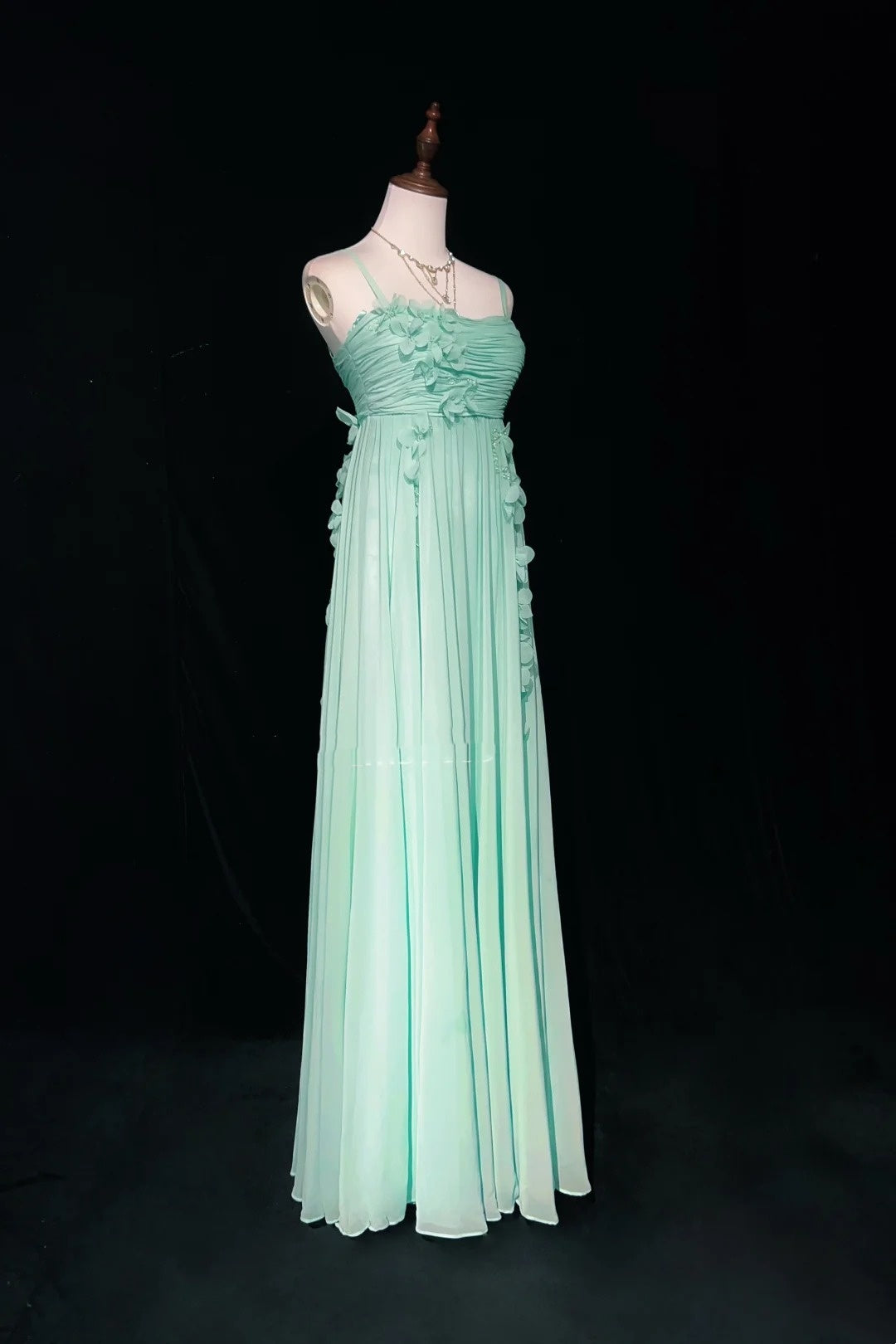 Vintage Prom-Kleider A-Linie Spaghettiträger Mintgrün Chiffon Ärmellos 1980er Lange Formelle Abendrobe N2630