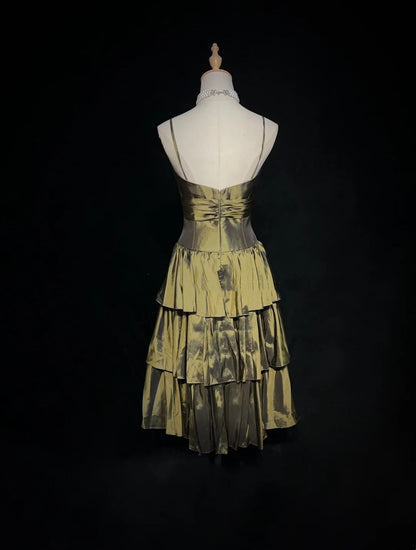 Vintage A Line Spaghetti Strap Olive Green Knee Length Party Dress Cocktail Gown Homecoming Dresses N3901