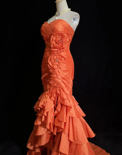 Vintage Prom Dresses Mermaid High Low Sweetheart Orange With Layered Tiered 80s Long Formal Gown N2731