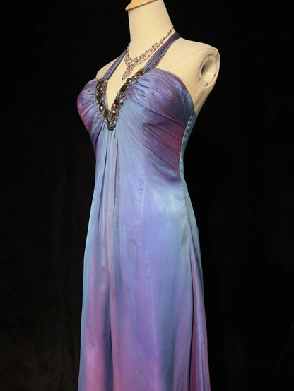 Elegante Abschlussballkleider A-Linie Neckholder Farbverlauf Traube Chiffon Mit Perlen Ärmelloses Langes Abendkleid N2894