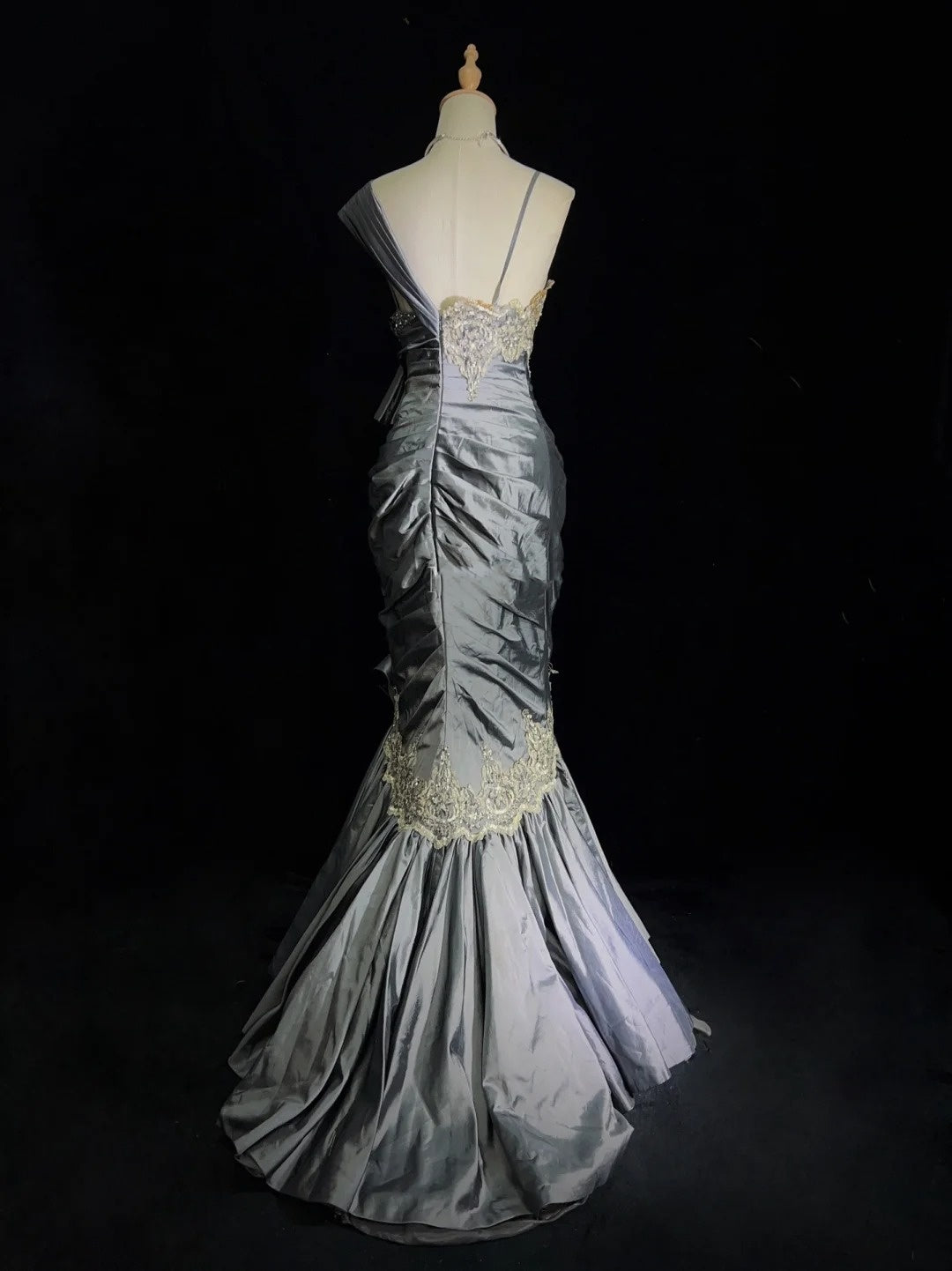 Robes de bal vintage sirène à bretelles en satin gris et dentelle avec volants, longues tenues de soirée N3442