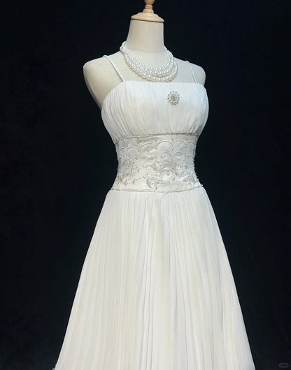 Vintage 90s Wedding Dresses A Line Spaghetti Strap Chiffon White Pleated Summer Garden Long Bridal Gown N3830