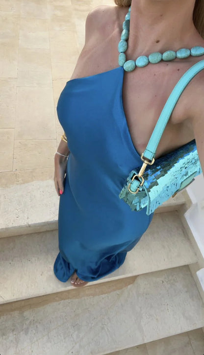 Sexy High Neck Blue Satin Long Prom Dresses Mermaid For Women N4182