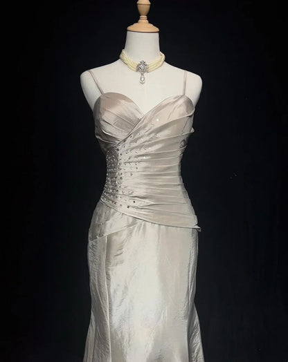 Robes de Bal Vintage Sirène Bretelles Fines Taffetas Argenté Brodé Années 90 Robe de Soirée Longue N2892