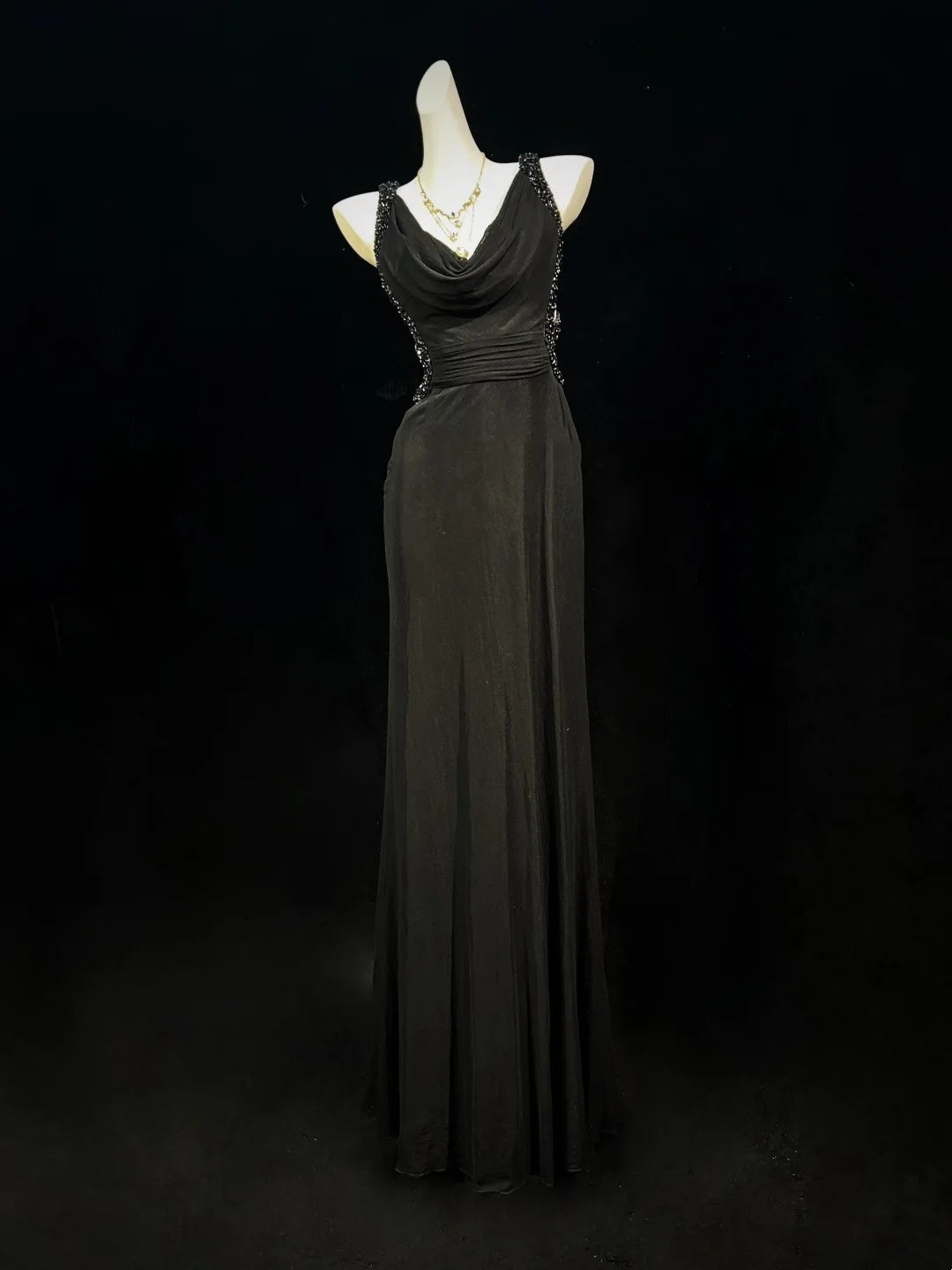 Vintage Prom Dresses 80s Mermaid Straps Black Tie Dress Backless Long With Beading Evening Formal Outfits RB5139