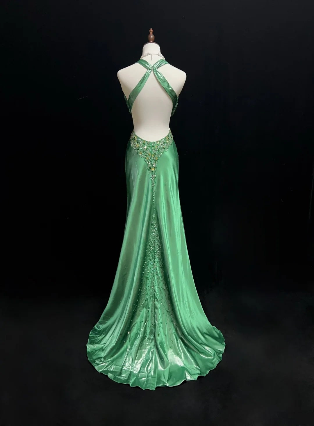 Vintage Prom Dresses Mermaid Halter Backless Green Beaded 90s Long Formal Evening Gown N2648
