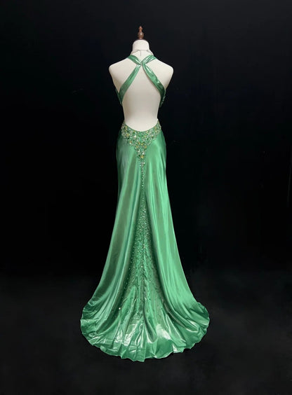 Vintage Prom Dresses Mermaid Halter Backless Green Beaded 90s Long Formal Evening Gown N2648
