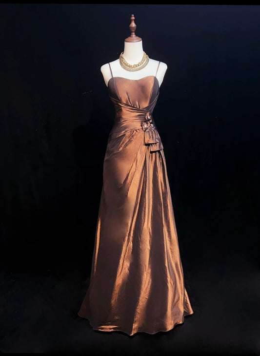 Vintage Meerjungfrau-Abschlussballkleider mit Spaghettiträgern, braunem Satin, 80er Jahre, lange formelle Abendgarderobe N3876