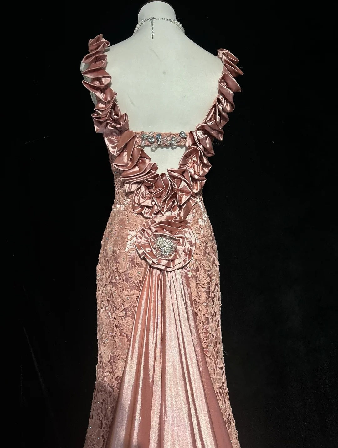 Vintage Prom Dresses Mermaid V Neck Pink Lace With 3d Flowers 1950s Long Formal Gown N2594