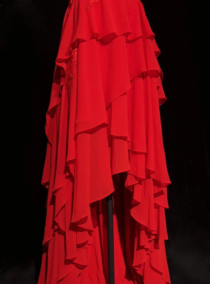 Robes de bal vintage en cœur ligne A rouges années 70 avec volants en mousseline longue robe de soirée formelle N2524