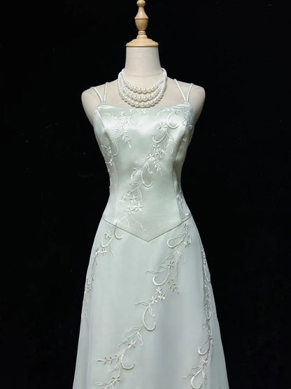 Vintage Prom Dresses A Line Spaghetti Straps Mint Green Embroidery Satin 2000s Long Party Evening Formal Gown RC1146