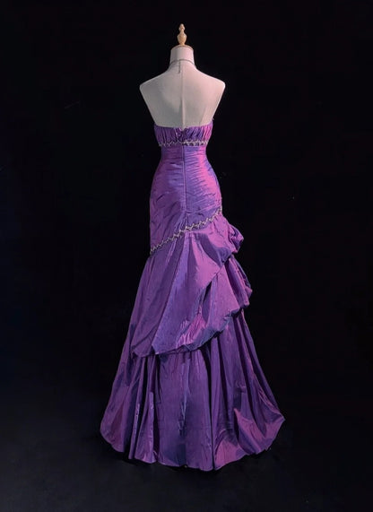 Vintage Abschlussballkleider Meerjungfrau Trägerlos Taft Lila Mit Perlen 1980er Jahre Langes Abendkleid N2625