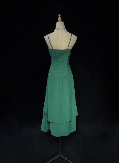 Einfache Ballkleider A-Linie Grün Chiffon Teelänge Mittellanges Semi-Formelles Abendkleid N3680