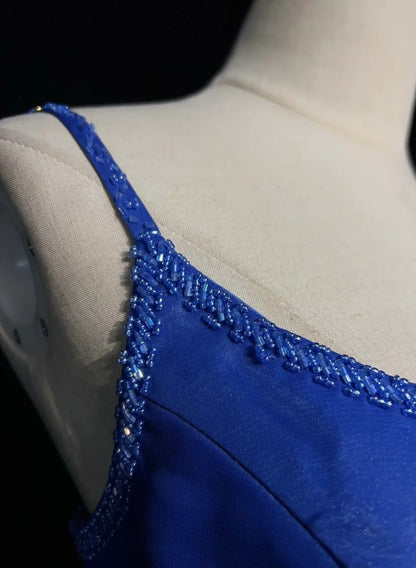 Hübsche Ballkleider A-Linie Spaghettiträger Königsblau Chiffon mit Perlen Lang Festliches Kleid N3002