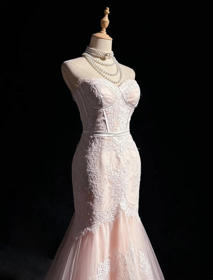 Robes de bal vintage sirène bustier rose dentelle à volants longue robe de soirée N2498