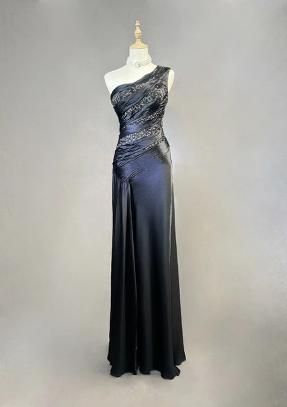 Robes de bal élégantes sirène asymétrique en satin noir cravate robe de soirée formelle longue perlée N3704
