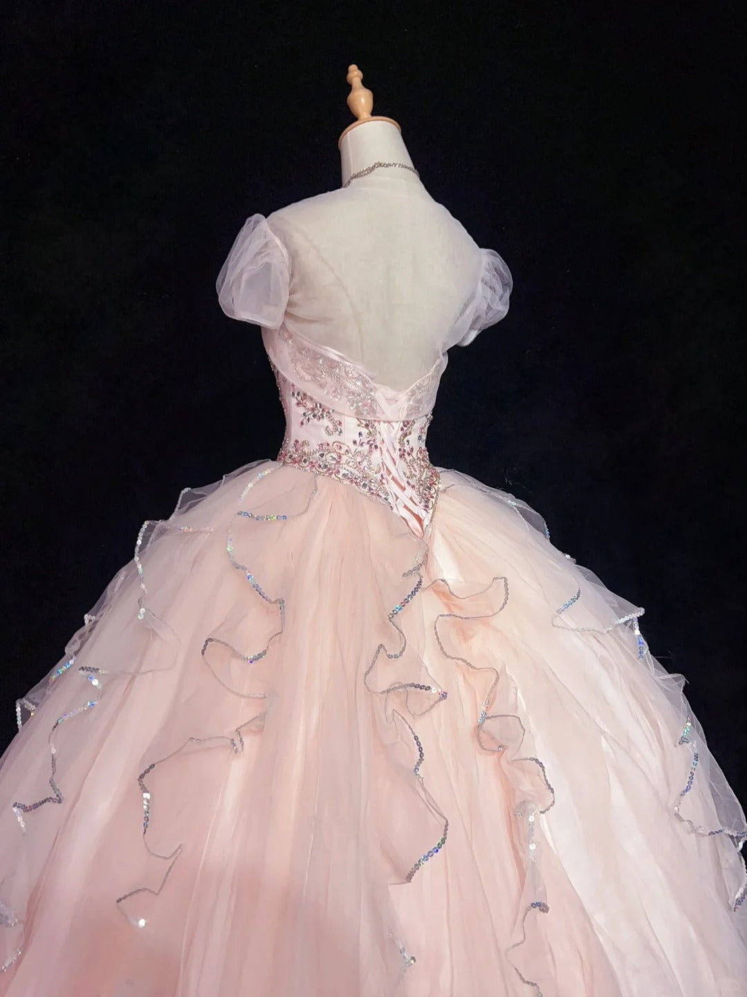 Sweet Ball Gown Strapless Short Sleeves Pink Sequined Long Formal Dress Birthday Prom Dresses With Jacket N2861